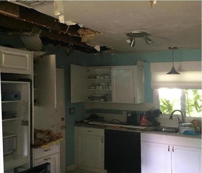 Fire damage affecting kitchen roof and walls