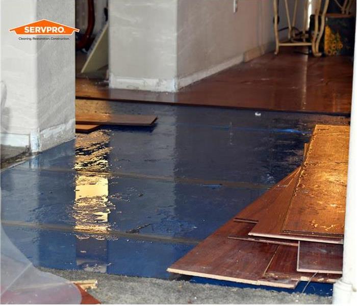 wood planks on ground covered in water, servpro logo in corner